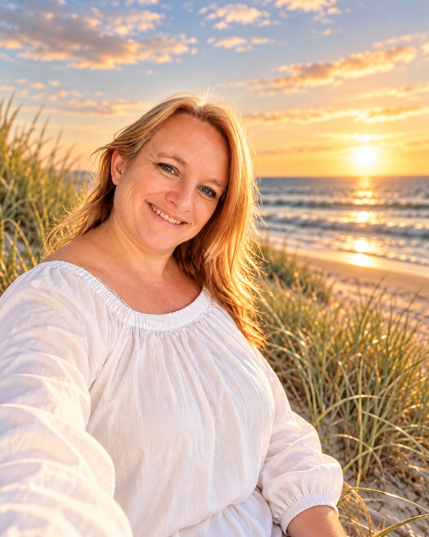Danni Tempel in weißer Bluse in den Dünen am Meer, sie lächelt in die Abendsonne.